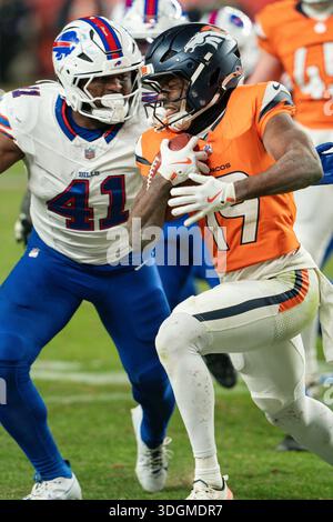 17. Januar 2026: Denver Broncos Wide Receiver Marvin Mims Jr. (19) kehrt den Auftakt in den Überstunden des Playoff-Spiels der AFC Divisional Round zwischen den Denver Broncos und Buffalo Bills zurück. Derek Regensburger/CSM. Stockfoto