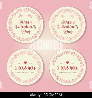 Ein Set mit vier romantischen Etiketten zum Valentinstag mit Blumenkränzen und Liebesbotschaften in Papieraufklebern. Vektorabbildung Stock Vektor
