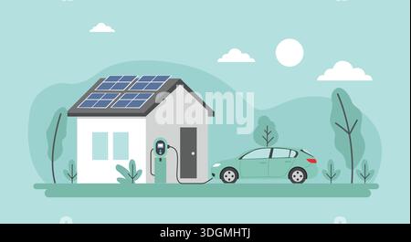 Illustration eines Hauses mit Solarzellen, die ein Elektroauto antreiben. Steht für nachhaltige Energie und ein umweltfreundliches Leben. Stock Vektor