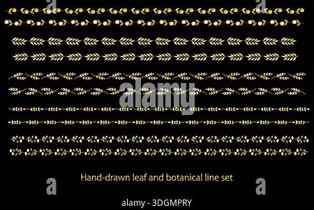 Ein handgezeichnetes Pflanzenset mit eleganter Goldabstufung, ideal für luxuriöse Akzente und raffinierte Grafikdesigns. Stock Vektor