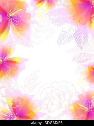 Fliegender Hintergrund der Frühlingsblüte mit zarten rosa Blumen. Handgezeichnet. Nicht AI, Vektordarstellung. Stock Vektor