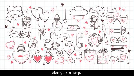 Umriss Love Symbol Doodle Set. Isoliertes Design-Kit und Kollektion handgezeichneter Elemente zum Valentinstag auf kariertem Notizbuchhintergrund. Vecto Stock Vektor