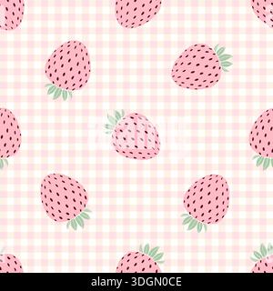 Nahtloses Muster mit rosafarbenen Erdbeeren auf klassischem hellrosa und weißem Gingham-Hintergrund. Stock Vektor