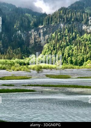 Einzigartige Naturlandschaft im Kiental mit hellgrüner Vegetation, umliegenden Hügeln und ruhigen Gewässern des Tschingelsees, Schweizer Alpen Stockfoto