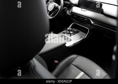 Der repräsentative Innenraum eines Business-Class-Fahrzeugs ist mit Aluminium und schwarzem Leder von höchster Qualität versehen Stockfoto