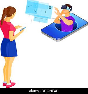 Isometrisches Online-Konzept für den Kundensupport in Virtual Reality. Mobiles Callcenter mit männlichem Berater, Headset, Chat-Symbole. Vorlage für Landing-Page. Isolat Stock Vektor