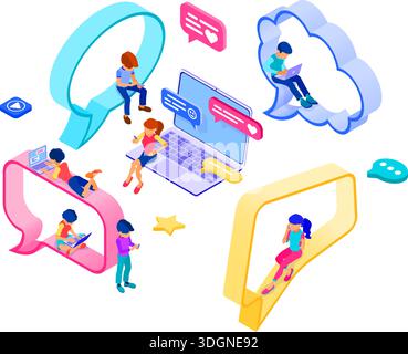 Isometrischer Kerl und Mädchen chatten in sozialen Netzwerken auf Sprechblase senden Nachrichten Foto selfie Anruf mit Laptop und Telefon. Online-datingfreundschaftsliebe Stock Vektor