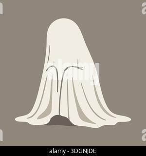 Minimal flache Abbildung einer Geisterfigur, die unter einem weißen Blatt mit weichen Falten auf einem gedämpften Hintergrund versteckt ist Stock Vektor
