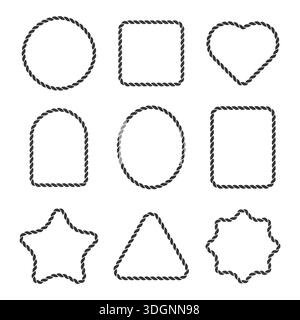 Rahmenset in Seilform mit Kreis-, Quadrat-, Herz-, Stern-, Dreieck- und abstrakten Formen. Dekorative, handgezeichnete, verdrehte Linien, isoliert auf weiß Stock Vektor