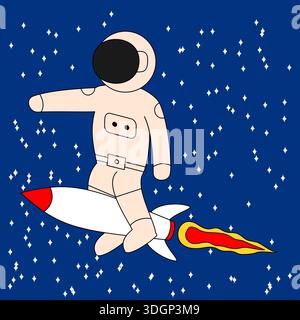 Ein Astronaut fährt eine Rakete im All. Der Astronaut trägt einen weißen Anzug und einen schwarzen Helm. Die Rakete ist weiß und rot, und sie fliegt Stock Vektor
