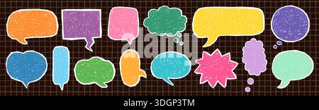 Handgezeichnete bunte Doodle-Sprechblasen mit Textur, ovalen, Stern-, rechteckigen und herzförmigen, grafischen Designelementen Stock Vektor