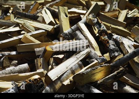 Brennholz in einer Palette gehacktes Brennholz liegt auf dem Boden. Holzhintergrund. Stockfoto