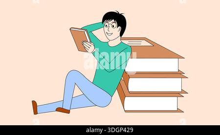Ein junger Mann sitzt auf dem Boden mit einem Buch im Schoß. Er lächelt und liest gern. Konzept von Entspannung und Freizeit als Mutter Stock Vektor