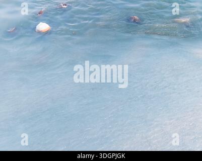 Atemberaubender Blick auf die gefrorene Ostsee mit strukturiertem Eis, kaltem blauem Winterwasser und Küstenfelsen bei Sonnenuntergang. Stockfoto