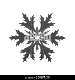 Ein einzelnes dunkelgraues Schneeflocken-Ornament aus Filz mit einer glitzernden Textur ist auf einem einfarbigen weiß zentriert. Stockfoto