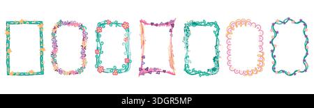 Bilderrahmen für Kinder. Niedliche Kinder Farbgrenze, Doodle Kindergarten Ornament für Buntstift Hand gezeichnetes Bild einfache kreative Dekoration, abstrakte Grafik Design, geometrische und botanische Vektor isolierte Set Stock Vektor