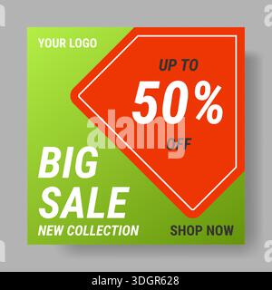 Social-Media-Banner. Große Verkaufsaktion. Rabatt in Prozent. Abstraktes Design. Marketingkarte. Werbung im Online-Shop. Geometrische helle Formen. Sonderangebot anzeigen. Vorlage für Vektor-Shopping-Flyer Stock Vektor