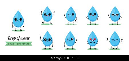Kawaii Wassertropfen Charakter mit Emotionen Stock Vektor