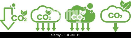 Symbolsatz CO2-CO2-Reduzierung – Symbole für nachhaltigen Klimawandel und Grafiken für grüne Emissionsminderung Stock Vektor