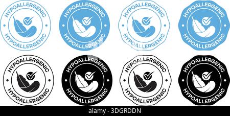 Symbol für hypoallergene Hautpflege – Symbole für empfindliche Haut mit Feder- und Checkmark-Grafiken Stock Vektor