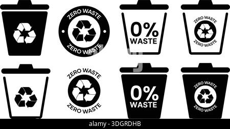 Title Zero Waste Management Icon Set – Sustainable Recycling Symbols and Eco-Friendly Trash Bin Graphics Stock Vektor