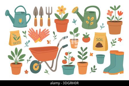 Verspieltes Illustrationsset für Gartenarbeit mit Werkzeugen, Töpfen und Setzlingen, ideal für Hausanbauführer, Frühlingsartikel und Hobby Stock Vektor