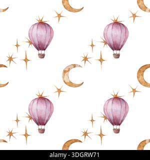 Luftballon nahtloser Hintergrund goldene Mondsterne staubige Rose himmlische Kinderzimmer Aquarell Hand gemalt auf weiß Stockfoto