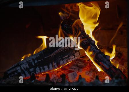 Brennende Brennholzscheite im Metallkamin mit sichtbaren Flammen und Gluten, Vorderansicht Stockfoto