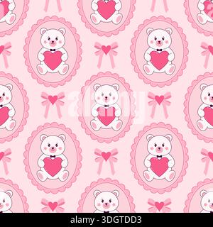 Nahtloses Muster von weißen Teddybären mit rosa Herzen. Design für Valentinstag oder Babydusche. Stock Vektor
