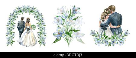 Sammlung romantischer Aquarellkompositionen. Es zeigt eine Braut und Bräutigam, die unter einem Blumenbogen stehen, einen üppigen Blumenstrauß aus weißen Lilien Stockfoto