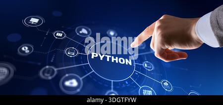 Python-Programmiersprache für Web-Entwicklung, Data Science-Automatisierungsskripte und Software-Engineering-Projekte. Stockfoto