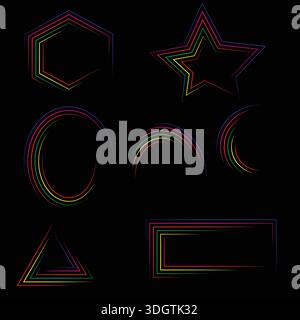 Abstrakte Sammlung lebendiger, mehrfarbiger geometrischer Umrisse, einschließlich Sechseck, Stern, Oval, Dreieck, und Rechteck, gerendert mit dynamischen Streifen Stock Vektor