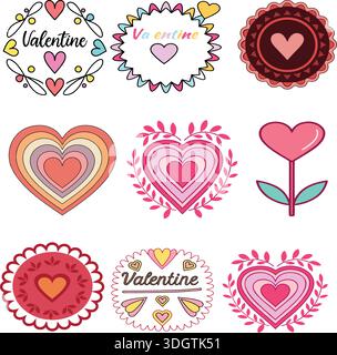 Valentinstag Herz-Ikonen, bunte Liebessymbole, romantische Grafiken, festliche Valentinstag-Dekoration, Herzformen Stock Vektor