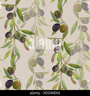 Nahtloses Aquarellmuster mit Olivenzweigen mit grünen und schwarzen Oliven auf hellem Hintergrund. Handgemalte botanische Illustration inspiriert b Stockfoto