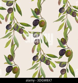 Nahtloses Aquarellmuster mit Olivenzweigen mit grünen und schwarzen Oliven auf hellem Hintergrund. Handgemalte botanische Illustration inspiriert b Stockfoto
