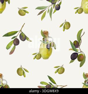 Nahtloses Aquarellmuster mit Olivenzweigen mit grünen und schwarzen Oliven und einer Glasflasche. Handgemalte botanische Illustration in einer Natur Stockfoto