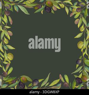 Quadratischer Rand mit Aquarellfarbe aus Olivenzweigen mit grünen und schwarzen Oliven auf dunkelgrünem Hintergrund. Handgemalte botanische Illustration mit leerem Stockfoto