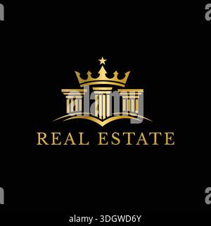 Logo des Grand Royal Palace mit drei Säulen, Krone und Sternsymbol Stock Vektor