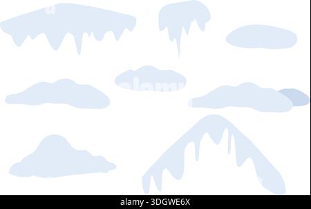 Schneekappen gesetzt, Eiszapfen, Schneebälle und Schneetreiben isoliert Stock Vektor