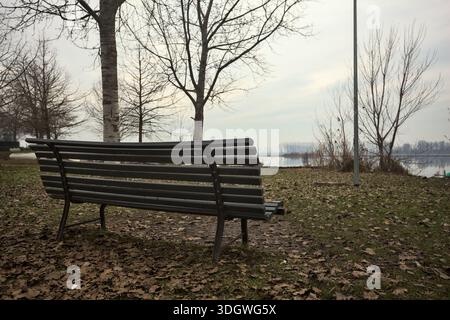 Bank auf einem Rasen, bedeckt mit gefallenen Blättern, am Seeufer, an einem bewölkten Tag in der italienischen Landschaft Stockfoto