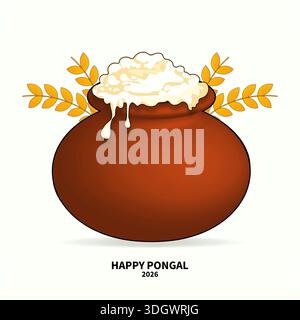 Happy Pongal 2026 Grußkarte Design mit traditionellem Tontopf und überfließender Reis Vektor Illustration Stock Vektor