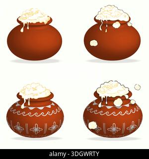 Satz von vier traditionellen Pongal Ton Töpfe mit dekorierten und einfachen Designs und überfließende Reis Vektor Illustration Stock Vektor