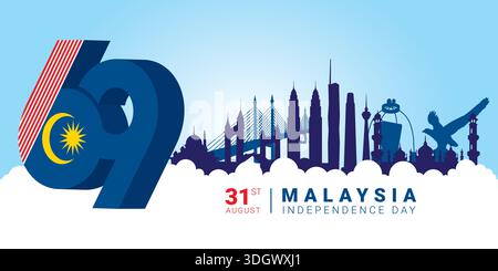Panorama Malaysia Unabhängigkeitstag Vektor mit auffälliger Typografie von 69 und ikonischen Silhouetten der malaysischen Skyline Stock Vektor