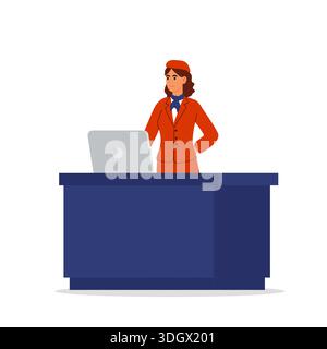 Ein Mädchen in roter Kleidung steht am Bordkartenschalter. Spezialformular. Freundliches Mädchen, das an Laptop-Flachvektor-Illustration arbeitet. Stock Vektor