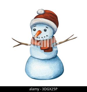 Schneemann-Illustration. Aquarellillustration des niedlichen Charakters Schneemann in rotem Strickmütze und Schal. Bezaubernder Wintercharakter auf weißem Hintergrund Stockfoto