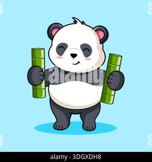Niedlicher Panda, Der Zwei Bambusstöcke Hält Vektor-Illustration Cartoon-Design Stock Vektor