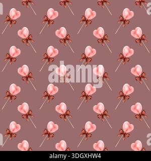 Nahtloses Aquarellmuster mit rosafarbenen Herzlutschen und Schleifenschleifen auf malvenfarbenem Hintergrund. Süßes Valentinstag-Motiv Stockfoto