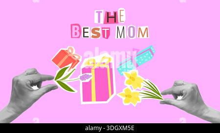 Mothers Day Collage Blumen Herzen Lieben Mama. Für Kartenposter Social-Media-Grafik oder Webdesign in Marketingkampagnen. Vektorabbildung. Stock Vektor