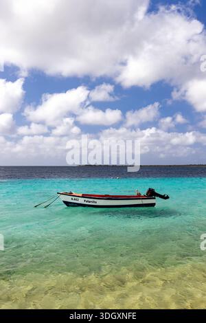 Kleines hölzernes Fischerboot in den unberührten Gewässern von Bonaire - in der Nähe von Kralendijk, Hauptstadt und Haupthafen von Bonaire in den karibischen Niederlanden Stockfoto
