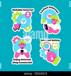 Etikettendesign mit handgezeichneter Illustration des Internetdienstanbieters mit flachem Zeichentrick Stock Vektor